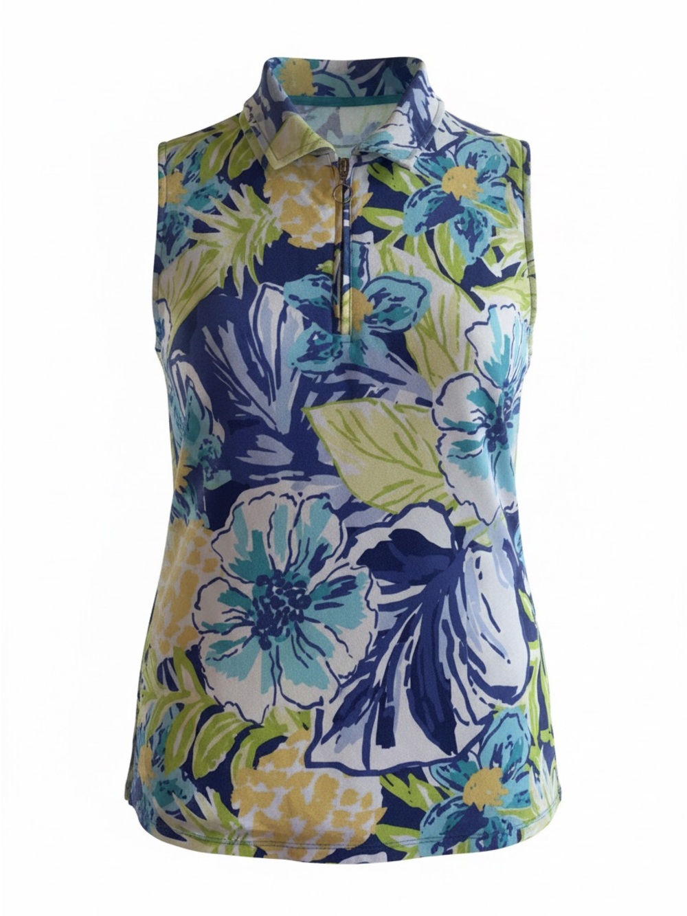 Rafaella Navy & Aqua Floral Zip Polo Tank